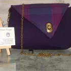 Jewel Bag Small, Aubergine Pindot Body With Strathtay Aubergine Tartan Asymmetrical Flap