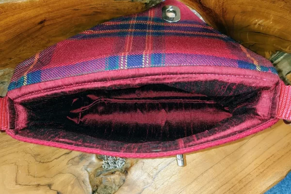 Jewel Bag Small, Claret Wool Pindot Body With Strathtay Claret Tartan Flap