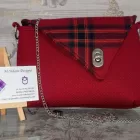 Jewel Bag Small, Claret Wool Pindot Body With Strathtay Claret Tartan Flap