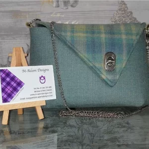Jewel Bag Small, Plain Green With Green Tartan Asymmetrical Flap