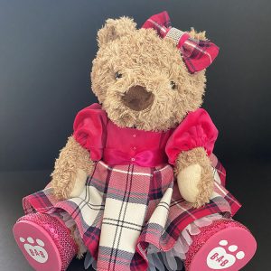 Collectable Large Bear dressed in Merida Tartan/Pink velvet Dress, 40cm tall