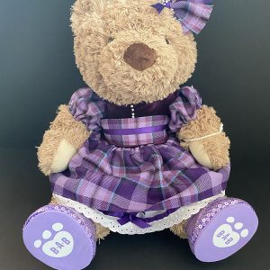 Collectable Large Bear dressed in a Hope Tartan Dress Purple Velvet And Pearl Trim, 40cm tall