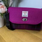 Harris Tweed Violet Shoulder Bag, adjustable webbing strap, Pink and dark pink check tweed