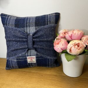 Harris Tweed Cushion 14 Inch Square Blue/Grey Check With Blue Herringbone Sash And Back With Hidden Zip