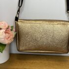 Shoulder Bag, Violet Design, Dark Gold Faux Leather with black piping to the flap, black webbing adjustable shoulder strap - Image 2
