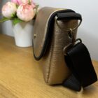Shoulder Bag, Violet Design, Dark Gold Faux Leather with black piping to the flap, black webbing adjustable shoulder strap - Image 3