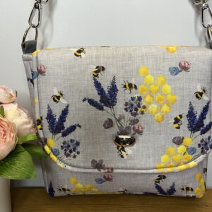 Shoulder Bag, Fiona Organiser Bag Design, in Floral Bee Waterproof fabric with central zip compartments and inner pockets