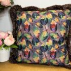 Waterproof Cushion 19 Inch Square Aubergine Leaves Design With Aubergine Fringe Trim Hidden Zip & Feather Insert