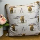 Waterproof Cushion 17 Inch Square Highland Cow Design Fabric With Mustard Piping Hidden Zip & Feather Insert