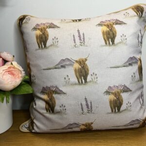 Waterproof Cushion 17 Inch Square Highland Cow Design Fabric With Mustard Piping Hidden Zip & Feather Insert