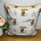 Waterproof Cushion 17 Inch Square Highland Cow Design Fabric With Mustard Piping Hidden Zip & Feather Insert - Image 2