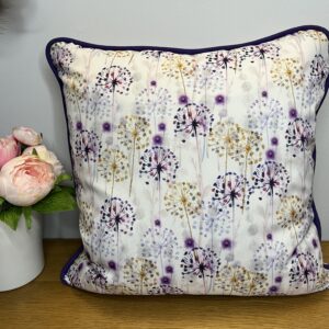 Waterproof Cushion 17 Inch Square Dandelion Design Fabric With Purple Piping Hidden Zip & Feather Insert