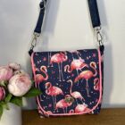 Messenger Shoulder Bag, Navy/Pink Flamingo design Cotton Drill Fabric, Adjustable Shoulder Strap, Pink Piping on Flap, Pink Cotton Lining